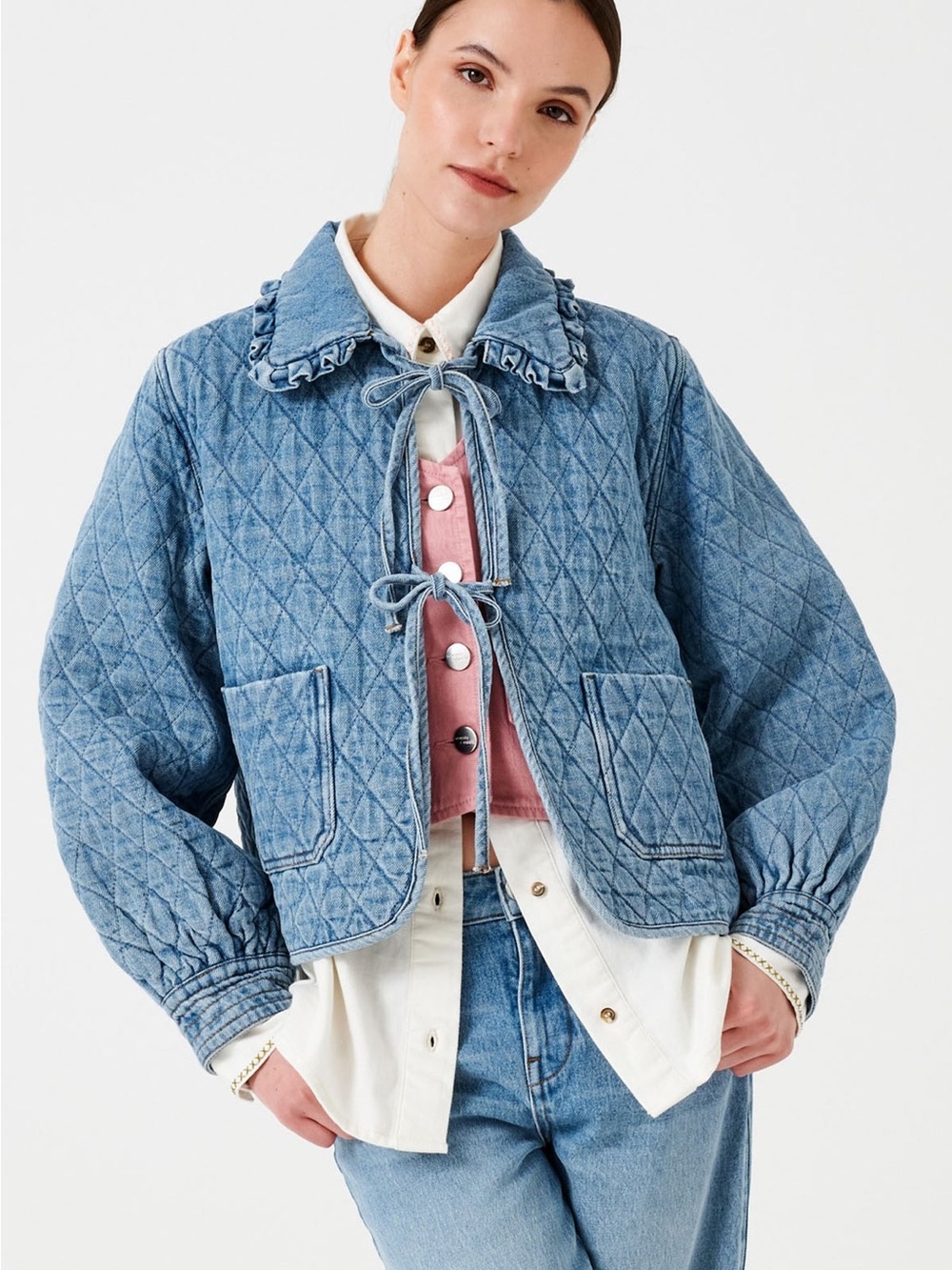 Seventy + Mochi Heidi Quilted Denim Jacket Ruffle Collar Tie Front | Blue | S